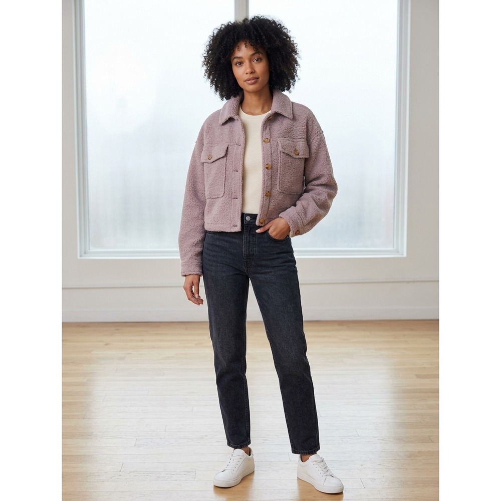 BlankNYC Women Lavender Purple Cropped Sherpa Fleece Shacket Jacket Fall Layer L